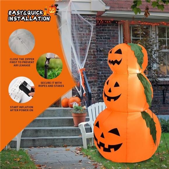 6FT Halloween Inflatable Pumpkin Decor Blow up Pumpkin Stacked with Build-in LED - Picture 5 of 7